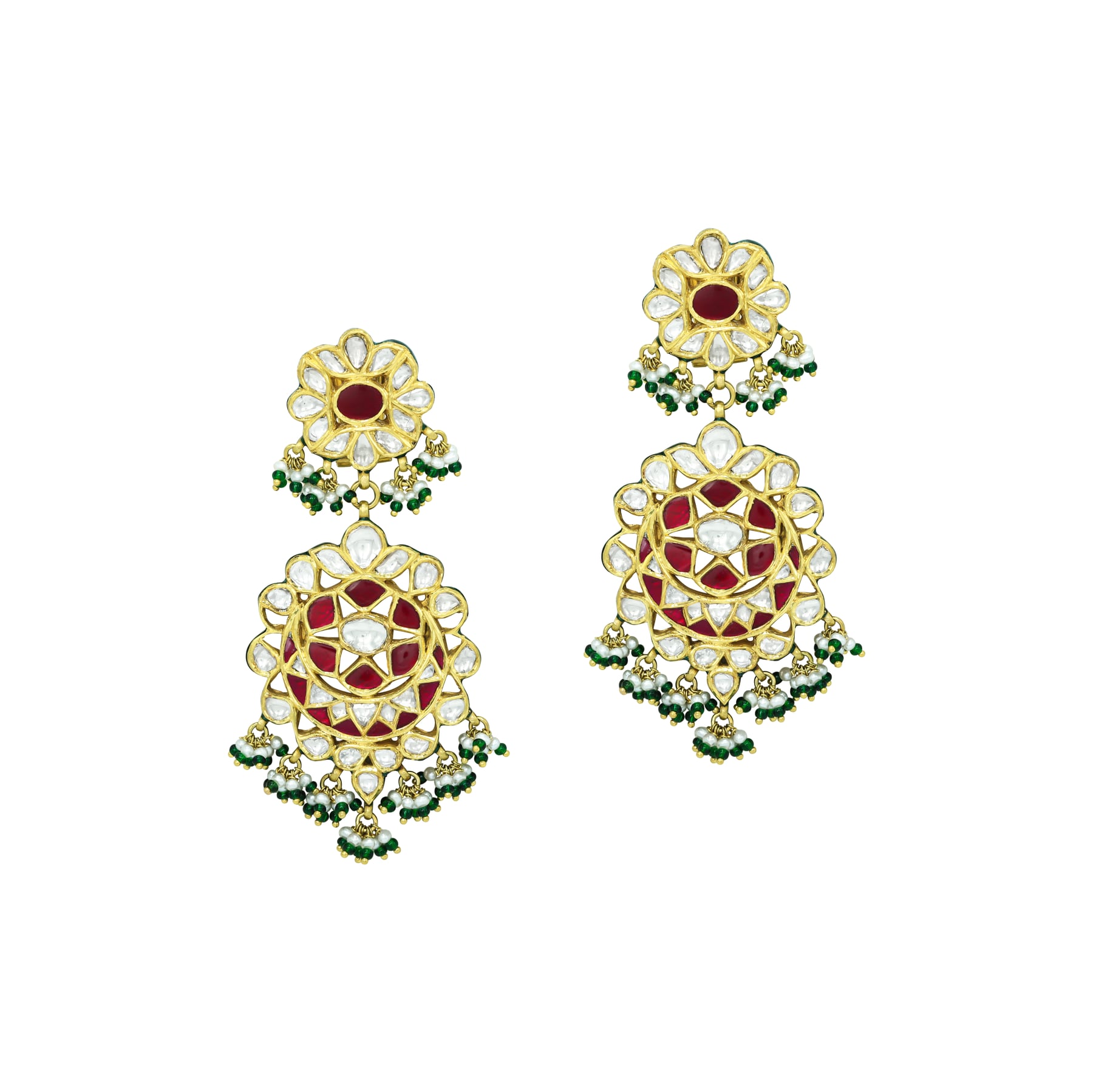 Crescent Polki Necklace Set with Red Talaf, Emeralds, and Pearls